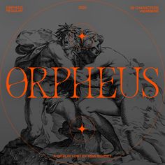 an orange and black poster with the word ophelus in it's center