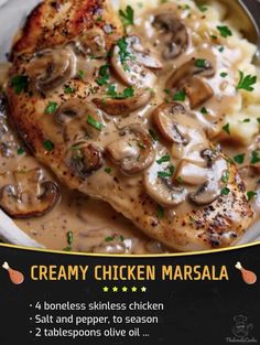 the menu for creamy chicken marsala is shown with mushrooms and gravy on top