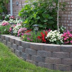 a flower bed in front of a brick wall with lots of flowers growing on it