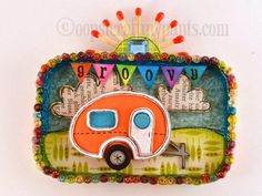 an orange and white camper magnet with the words grow on it