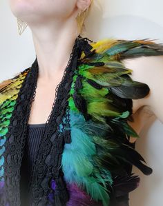 A fabulous, hand-made, rainbow feather shawl with lace and a ribbon fastening. This shawl will add extra flair to your outfit, whether that is for a special occasion, festival, performance, or just doing the housework!  This shawl is comfortable to wear and should fit most sizes. If you are unsure or would like one made in a smaller or larger size, please send me a message or add a note to your order. Feather Shawl, Rainbow Feather, Bib Collar, Second Hand Shop, Instagram Shop, Fancy Dress, Costume Accessories, Scarf Accessory, Shawl