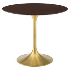 a round dining table with a wooden top and gold metal base, on a white background