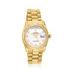 Pre-Owned Rolex Day-Date Men's 36mm Automatic 18kt Yellow Gold Watch. C. 2001. Experience the renowned luxury of a pre-owned Rolex with this Day-Date men's timepiece. This watch features a modern calendar with an instantaneous day display, spelled out in full in a window on the dial, in addition to the date. Additional features include Swiss automatic movement, synthetic sapphire crystal, 36mm case, white dial with Roman numeral time markers, and 18kt yellow gold crown, bezel and presidential br Rolex Datejust Men, Rolex Datejust Ii, Modern Calendar, Rolex Explorer Ii, Rolex Explorer, Fine Jewelery, Rolex Oyster Perpetual, Rolex Oyster, Rolex Day Date