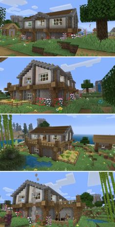 three different views of the same house in minecraft