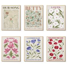 four different posters with flowers on them in various colors and sizes, each featuring the same song