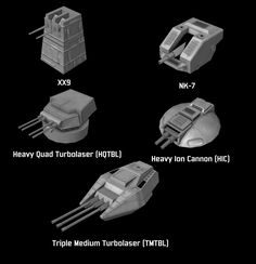 four different types of turrets on a black background