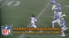 an image of a happy thanksgiving card with football players on the field and words that say happy thanksgiving