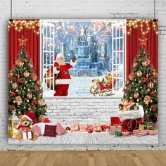 a christmas scene with santa clause and presents in front of a brick wall, decorated for the holiday season