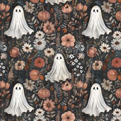 a halloween themed wallpaper with white ghost surrounded by flowers and pumpkins