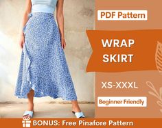 a woman in a blue and white dress with the text wrap skirt xs - xxl