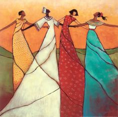 three women in colorful dresses are holding hands and looking at each other with an orange sky behind them