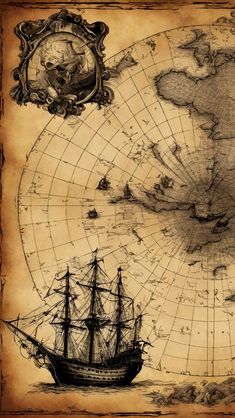 an old world map with a ship in the foreground and a compass above it