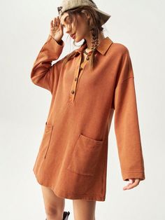 Women's Short Vacation Dress, Autumn Red Casual  Long Sleeve Knitted Fabric Plain Tee Slight Stretch  Women Clothing, size features are:Bust: ,Length: ,Sleeve Length: Casual Tunic Dress For Fall, Long Sleeve Solid Sweater Dress For Fall, Long Sleeve Sweater Dress In Solid Color For Fall, Casual Brown Sweater Dress, Casual Long Sleeve Cotton Sweater Dress, Cotton Long Sleeve Sweater Dress For Fall, Long Sleeve Cotton Sweater Dress For Spring, Oversized Brown Long Sleeve Dress, Casual Collared Orange Dress