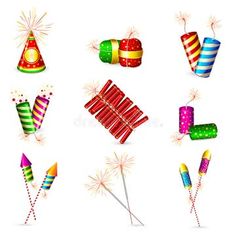 colorful fireworks and party hats on white background royalty illustration stock photo - 1307982