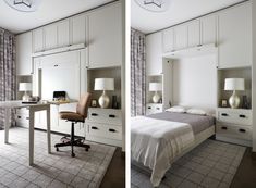 two pictures of a bedroom with white furniture