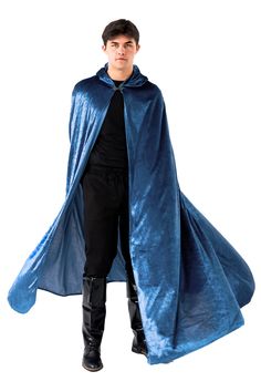 a man in a blue cape and black pants