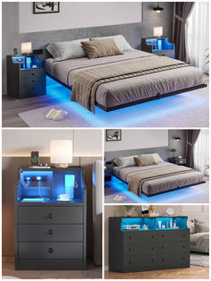 bedroom furniture bed frame nightstand dresser bedside table cabinets modern bedroom ideas Floating Bed With Headboard And Lights, Bed With Led Lights Under Floating, Bed With Led Lights Under Cool, Led Dresser, No Headboard, Led Nightstand, Gaming Desk With Storage, Bed Frame With Led Lights, Floating Bed Frame