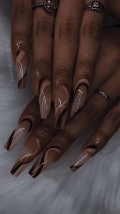 Brown Nails For Prom, Black And Brown Acrylic Nails, Tan Acrylic Nails Coffin, Nude And Brown Nail Designs, Brown And Tan Nail Designs, Fall Nail French Tips, Tan Nails Acrylic Design, Nails Acrylic Nude Color Design, Brown French Tip Nails With Design