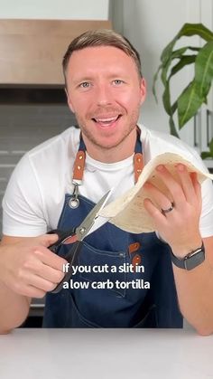 a man holding a piece of bread in front of his face with the caption if you cut a slit in a low carb tortilla