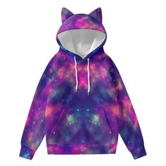 "Not much beats a cool hoodie with cat ears. This one has a beautiful purple galaxy print. The ears are not able to stand, but are shown for illustrative purposes only. Scuba fabric is a double knit fabric that is commonly used for sportswear, dancewear and formalwear and has heat retension properties making it ideal for winter. Don't forget to check out the other cat ear hoodies by visiting the shop home link at the bottomg of the description and typing \"ear\" into the shop search bar. ● Fabri Trendy Purple Winter Sweatshirt, Trendy Purple Sweatshirt For Winter, Trendy Purple Winter Hoodie, Trendy Purple Hooded Sweatshirt, Trendy Hooded Purple Sweatshirt, Trendy Fall Hoodie With Cat Design, Trendy Cat Print Hooded Hoodie, Trendy Hooded Hoodie With Cat Print, Trendy Winter Cat Print Sweatshirt