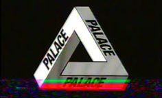 a triangle shaped sign with the word palace on it's side in front of a black background