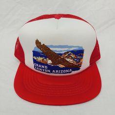 Vtg Grand Canyon, Arizona Hat. Retro Red Snapback Trucker Hat, Vintage Red Hat For The Beach, Red Trucker Hat With Visor, Red Trucker Cap, Retro Red Trucker Baseball Cap, Retro Red Trucker Hat, Retro Red Adjustable Baseball Cap, Retro Red Visor Baseball Cap, Red Flat Brim Trucker Hat For Outdoor