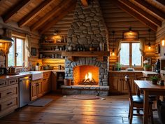 a log cabin kitchen with a fireplace in the center