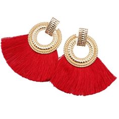 Gold Metallic Color Earring With Red Color Tassel. Measures Approximately 3” Long, Gold Ring Is 1.5” Wide & A Little Over 1” Long To 3” Wide Tassel. In New Condition. For Pierced Ears Only. Nwt Boutique Item Colors Available Is Separate Listings: Gold & Off White X2 Gold & Black X1 (Drawer #1) Artsy Earrings, Tropical Earrings, Oval Stud Earrings, Stone Dangle Earrings, Rose Quartz Earrings, Glitter Earrings, Kate Spade Earrings, Beaded Dangle Earrings, Fringe Earrings