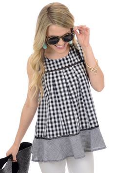 Gingham Flare Top :: NEW ARRIVALS :: The Blue Door Boutique Cotton Sleeveless Tank Top For Picnic, Spring Sleeveless Tank Top For Picnic, Plaid Tops For Summer Day Out, Plaid Summer Tops For Day Out, Summer Plaid Tops For Day Out, Cotton Gingham Tops For Vacation, Spring Cotton Tank Top For Picnic, Cotton Tank Top For Spring Picnic, Sleeveless Gingham Tank Top For Spring