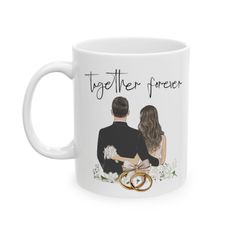 a white coffee mug with the words together forever and two people sitting next to each other