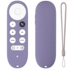 a purple remote control next to a white cord