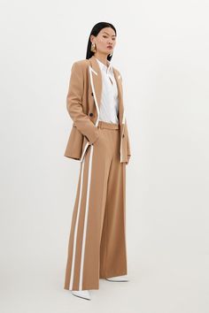 The Contouring Aplomb Of Compact Stretch Is Rendered Into The Statuesque Proportions Of These Wide-Leg Pants, Offering An Investment Piece For Your Tailored Collection. This Style Has Modern Elements, Such As A Contrasting Trim Along Side Pockets, Inverted Pleats, And A Concealed Fly.Wide Legcontrast Detailtipping Detail Modern Elements, Contrasting Trim, Karen Millen, Wide Leg Trousers, Leg Pants, Wide Leg Pants, Investment, Camel, Wide Leg