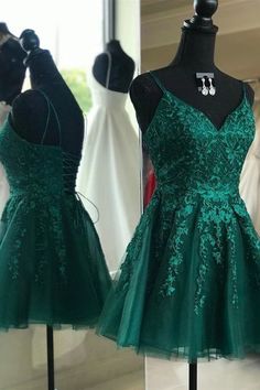 Cute A Line V Neck Backless Green Lace Prom Dress, Short Backless Green Lace Formal Graduation Homecoming Dress Green Lace Prom Dress, Emerald Green Homecoming Dresses, Homecoming Dresses Green, Prom Dress Short Lace, Prom Dress Short, Prom Dress Black, Homecoming Dresses Lace, Green Homecoming Dresses, Tulle Homecoming Dress