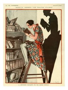 a woman sitting on a ladder reading a book in front of a man standing next to a bookshelf