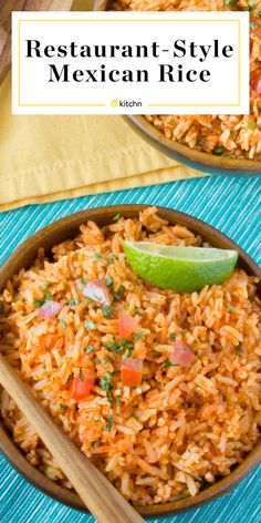 mexican rice in a skillet with lime and cilantro garnish on the side