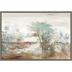 an abstract painting with trees and water in the foreground, on a white background