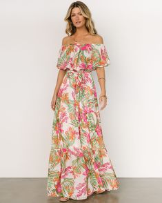 Vibrant, tropical, and bright... we know your suitcase is begging for our Lahaina Off Shoulder Maxi Dress | Multi to come on your next trip to paradise😎🌴 Shop now🛍️ Tropical Print Maxi Dress For Garden Party, Tropical Maxi Dress With Tropical Print For Garden Party, Flowy Tropical Maxi Dress For Garden Party, Flowy Tropical Print Maxi Dress, Tropical Flowy Floral Print Maxi Dress, Tropical Hibiscus Print Maxi Dress For Spring, Spring Tropical Strapless Maxi Dress, Pink Off-shoulder Maxi Dress For Garden Party, Flowy Tropical Print Maxi Dress For Garden Party