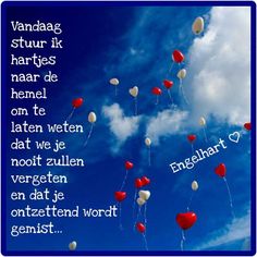 some red and white balloons are flying in the blue sky with words written below them