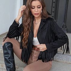 Tassel Suede Women Fringe Jacket Long Sleeve Jacket Fits True To Size Fall Workwear Outerwear With Tassels, Fall Outerwear With Tassels For Work, Spring Black Tasseled Outerwear, Winter Fringe Outerwear, Chic Leather Jacket With Fringe For Fall, Chic Fringe Outerwear For Work, Chic Black Outerwear With Fringe, Black Fringe Long Sleeve Outerwear, Black Fringe Outerwear For Fall