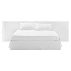 a bed with white sheets and pillows on it's headboard, against a white background