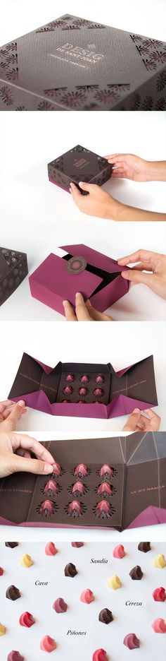 three different views of the inside of a box with chocolates in it and hands reaching out