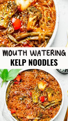 two bowls of mouth watering kelp noodles with chopsticks on the side and text overlay that reads mouth watering kelp noodles