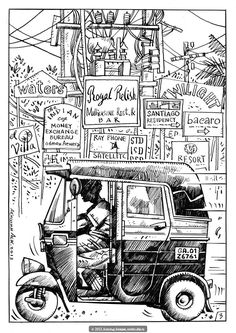 a black and white drawing of a man driving a truck with signs on the back