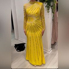 Stunning Nwt Yellow Evening Gown!!! Beaded Beautiful Handwork!!!!! Size 4!! Last One!!!! Yellow Embellished Party Dress, Elegant Embellished Yellow Dress, Elegant Yellow Embellished Dress, Elegant Yellow Embellished Evening Dress, Fitted Hand Embellished Prom Dress, Fitted Hand-embellished Prom Dress, Hand Embellished Fitted Prom Dress, Yellow Long Sleeve Party Gown, Yellow Embellished Wedding Dress