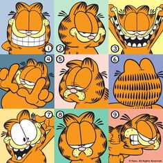 an image of garfield the cat doing different things with his eyes and mouth wide open