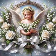 an angel holding flowers with white ribbons around it