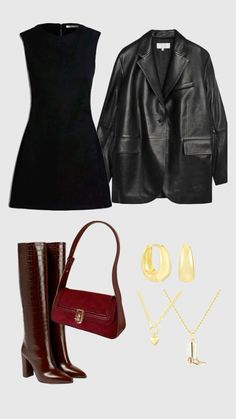 a woman's outfit and accessories including boots, jacket, handbag and purse