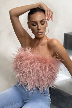 Feather Crop Top, Feather Top, Club L London, Feather Tops, Bandeau Crop Top, Black Dress Prom, Black Tie Gala, Pink Feathers, White Feathers