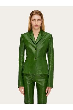 Shop the Nappa blazer Forest green on Ferragamo.com. Discover the iconic collection on our official online shop now. Free Delivery. Green Jacket Women, Green Blazer, Extra Long Sleeves, Cotton Blazer, Tailored Design, Double Breasted Jacket, Long Sleeve Blazers, White Blazer, Leather Blazer