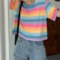 2020+New+Casual+Tshirt+Loose+Rainbow+Striped+O-neck+Short+Sleeve+Women+T-shirt+Tops+Female+T+shirt+Cloth+Harajuku+Clothes+Brandy Female T Shirt, Harajuku Clothes, Casual Tshirt, Tunic Tops, Rainbow, T Shirt